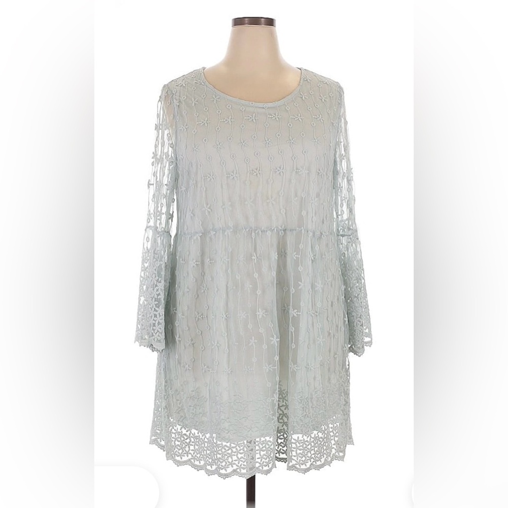 CalStyle Sky Blue Floral Embroidered Mesh Dress -Bell Sleeves Boho Cottagecore L